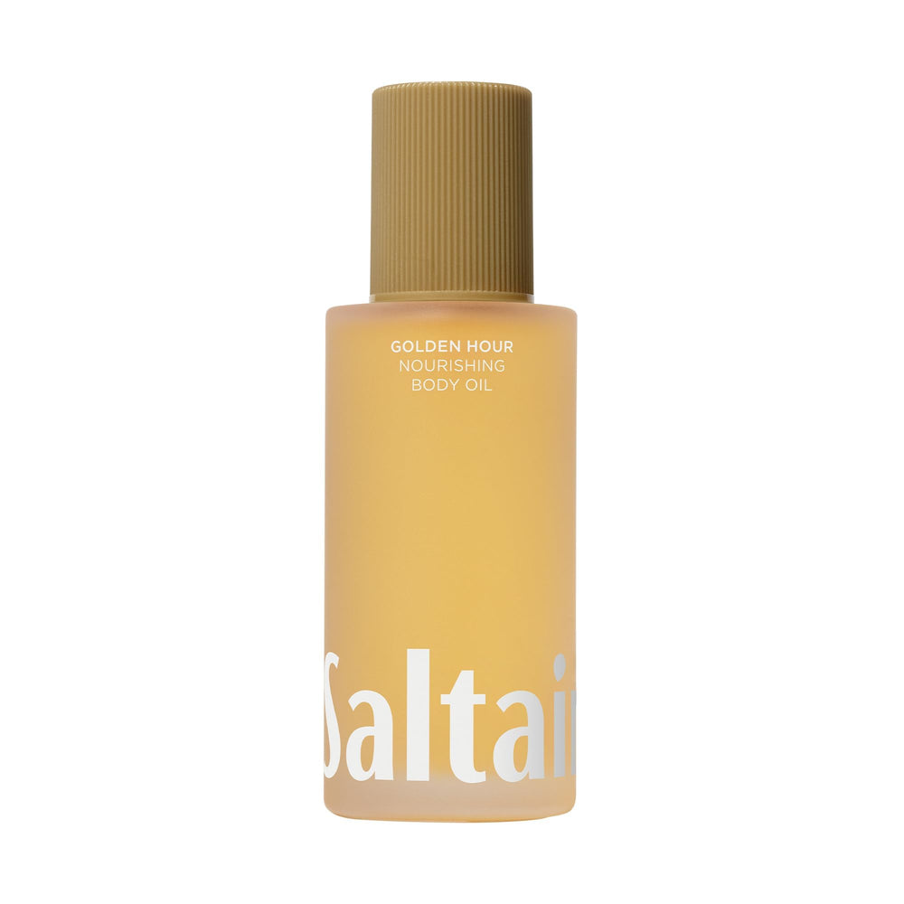 Saltair Body Oil bottle highlights Golden Hour scent for hydrated skin.