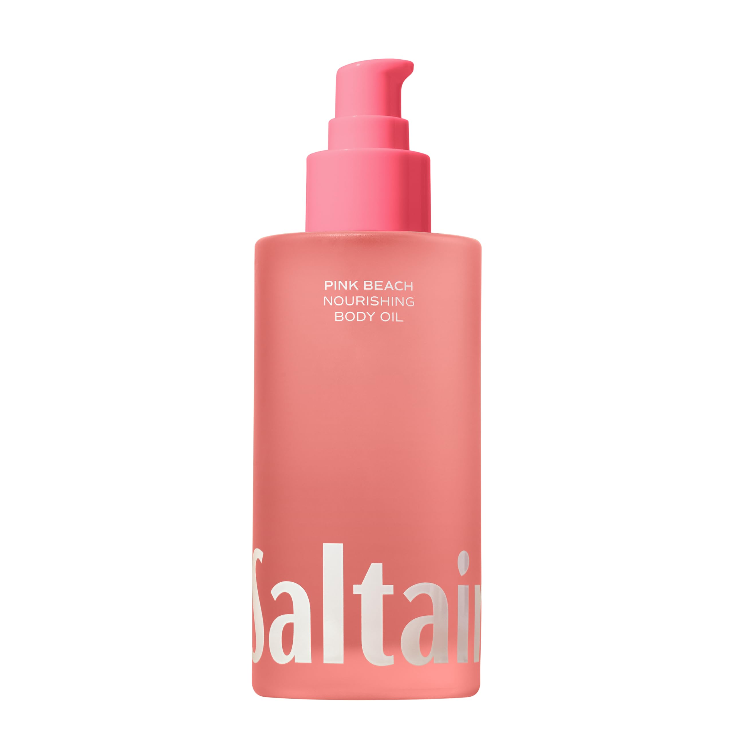 Saltair Body Oil pink beach bottle, tropical scent, gentle hydration.