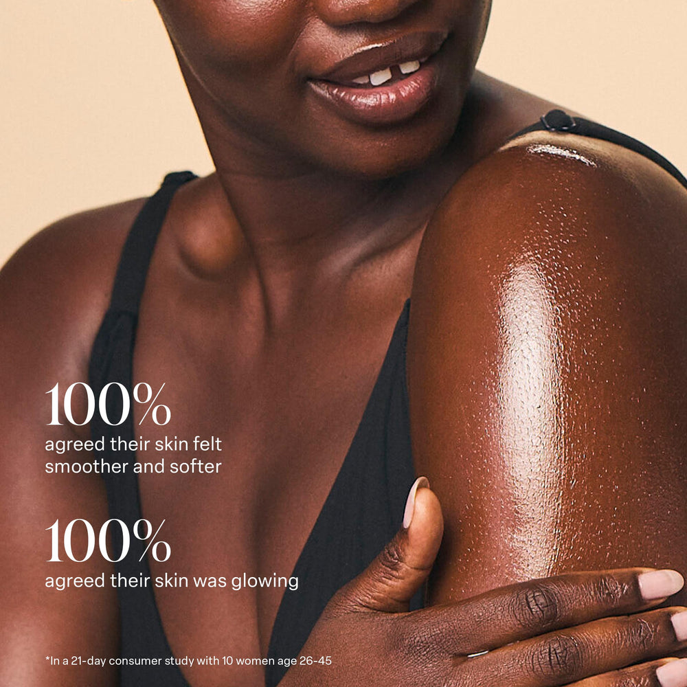 Close-up of Saltair Body Oil texture highlighting lightweight, non-greasy feel.