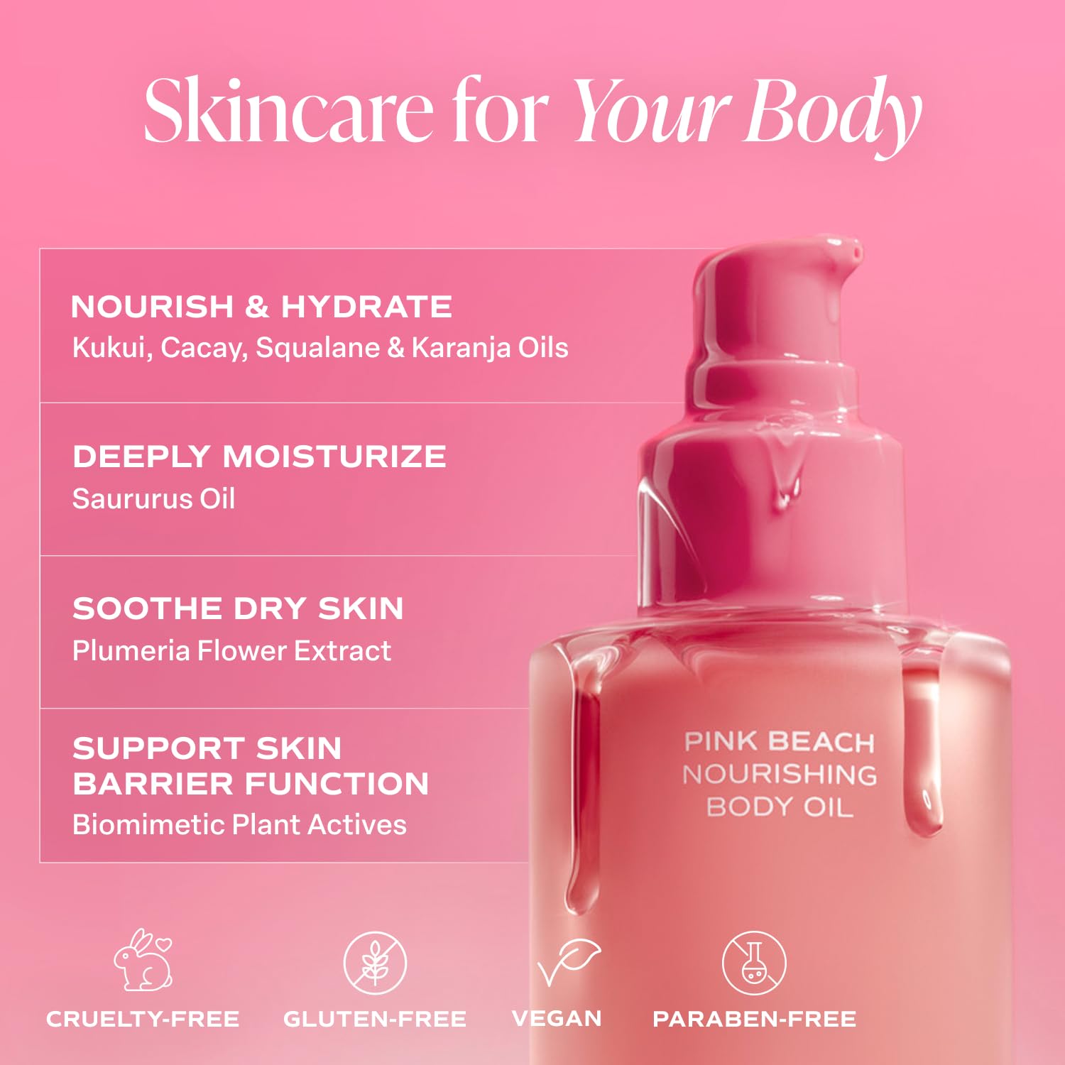 Vegan, cruelty-free logo emphasizes clean ingredients for Saltair Body Oil.