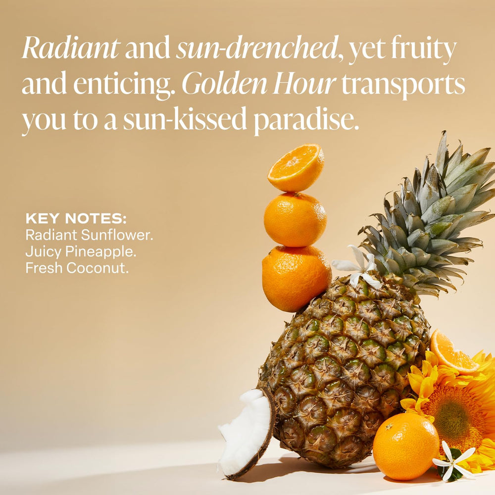 Saltair Golden Hour scent bottle showcases tropical notes of pineapple and coconut.
