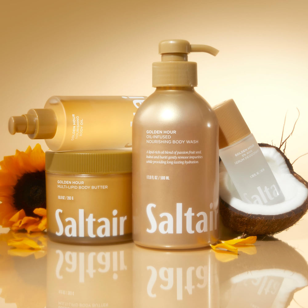 Lifestyle shot of Saltair butter for daily hydration ritual on body.