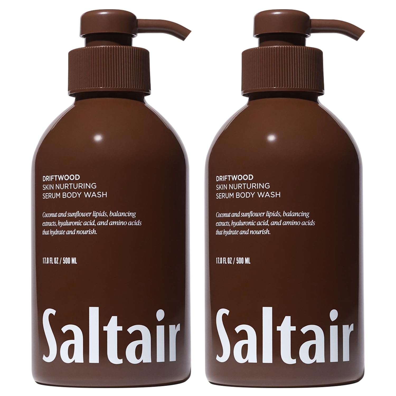 Saltair Driftwood bottle pump shows hydrating body wash for moisturized skin.