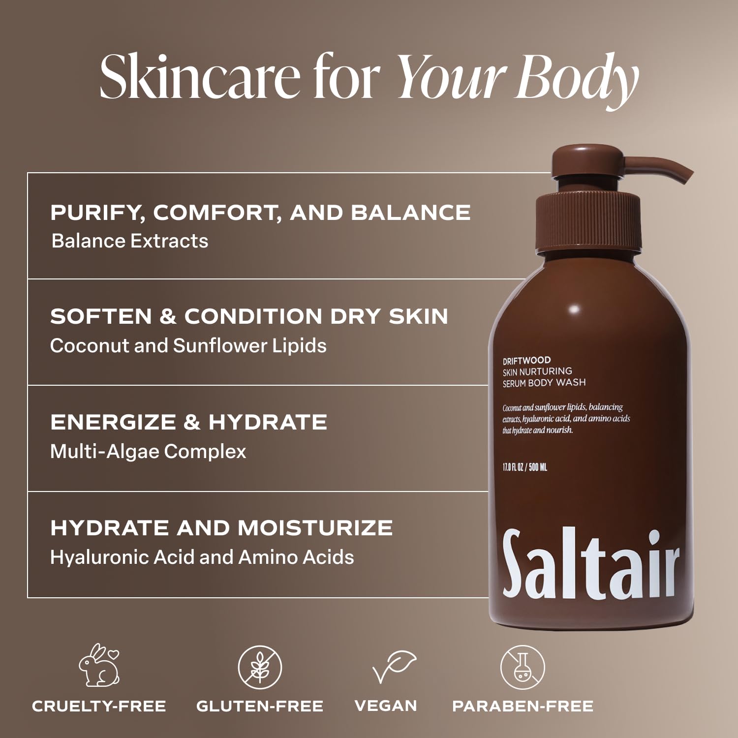 Saltair Driftwood close-up on skin after shower reveals smooth, hydrated texture.