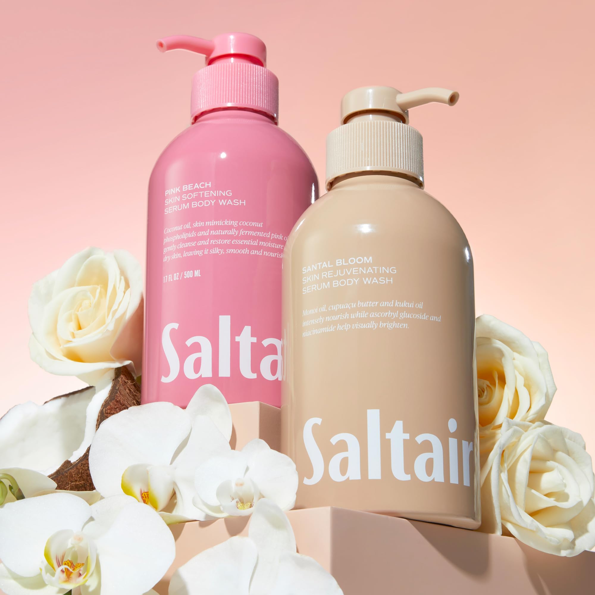 Saltair fragrance notes graphic shows coconut, almond blossom, and vanilla.