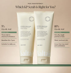 Applying Saltair KP Body Scrub for gentle exfoliation on rough patches.