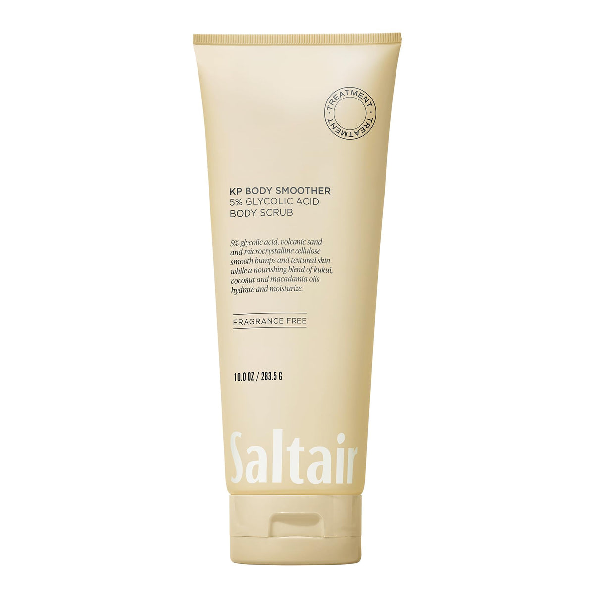 Saltair KP Body Scrub packaging shown; fragrance-free formula for sensitive skin.