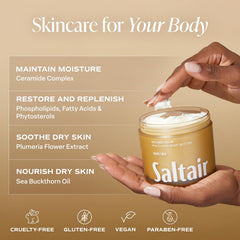 Saltair Multi-Lipid Butter being applied on forearm for quick, non-greasy moisture.