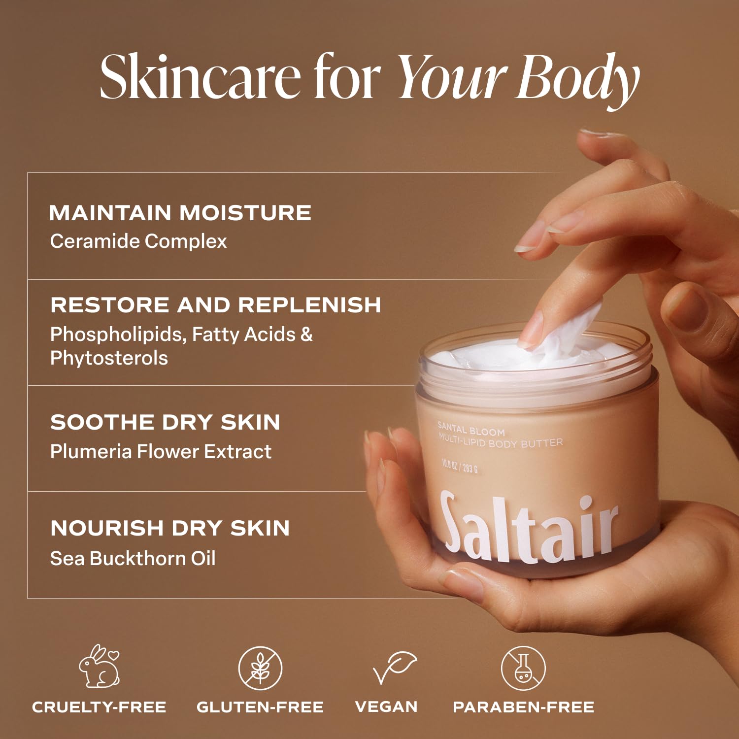 Saltair Santal Bloom application on arm demonstrates fast-absorbing finish.
