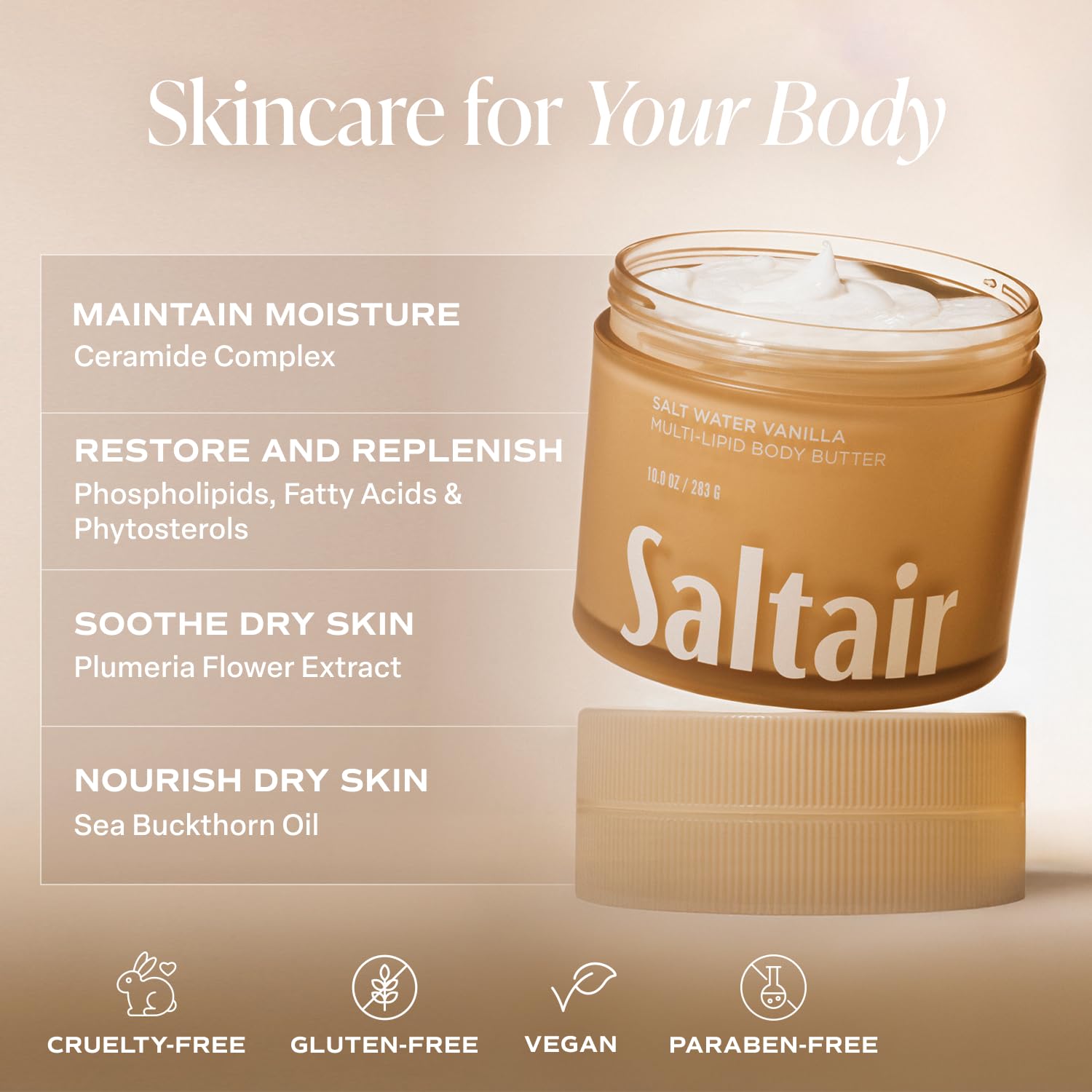 Sea buckthorn, coconut oil, and shea butter blend image signals nourishment.