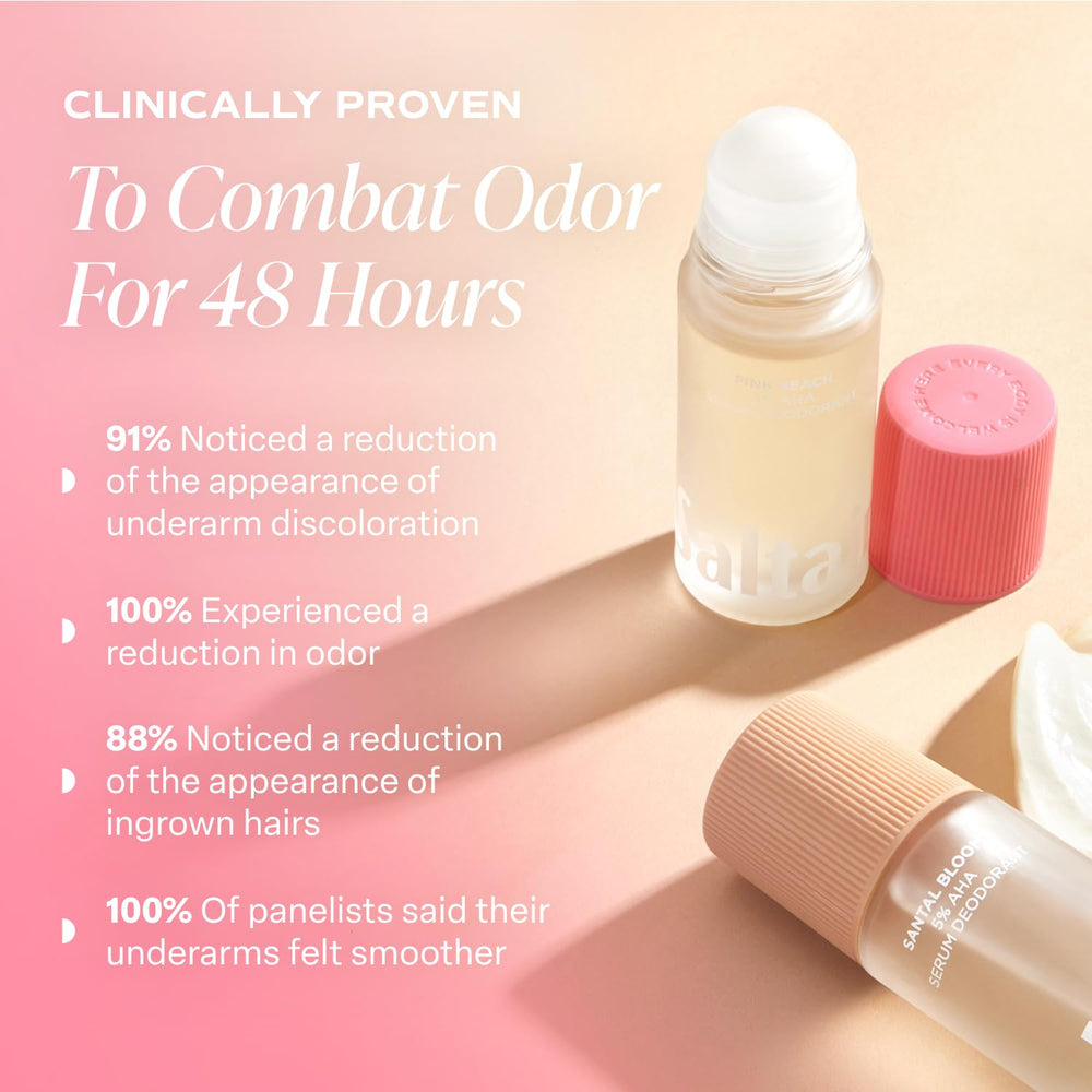 Saltair Serum Deodorant Signature Pinks roll-on highlights quick-dry, non-sticky formula.