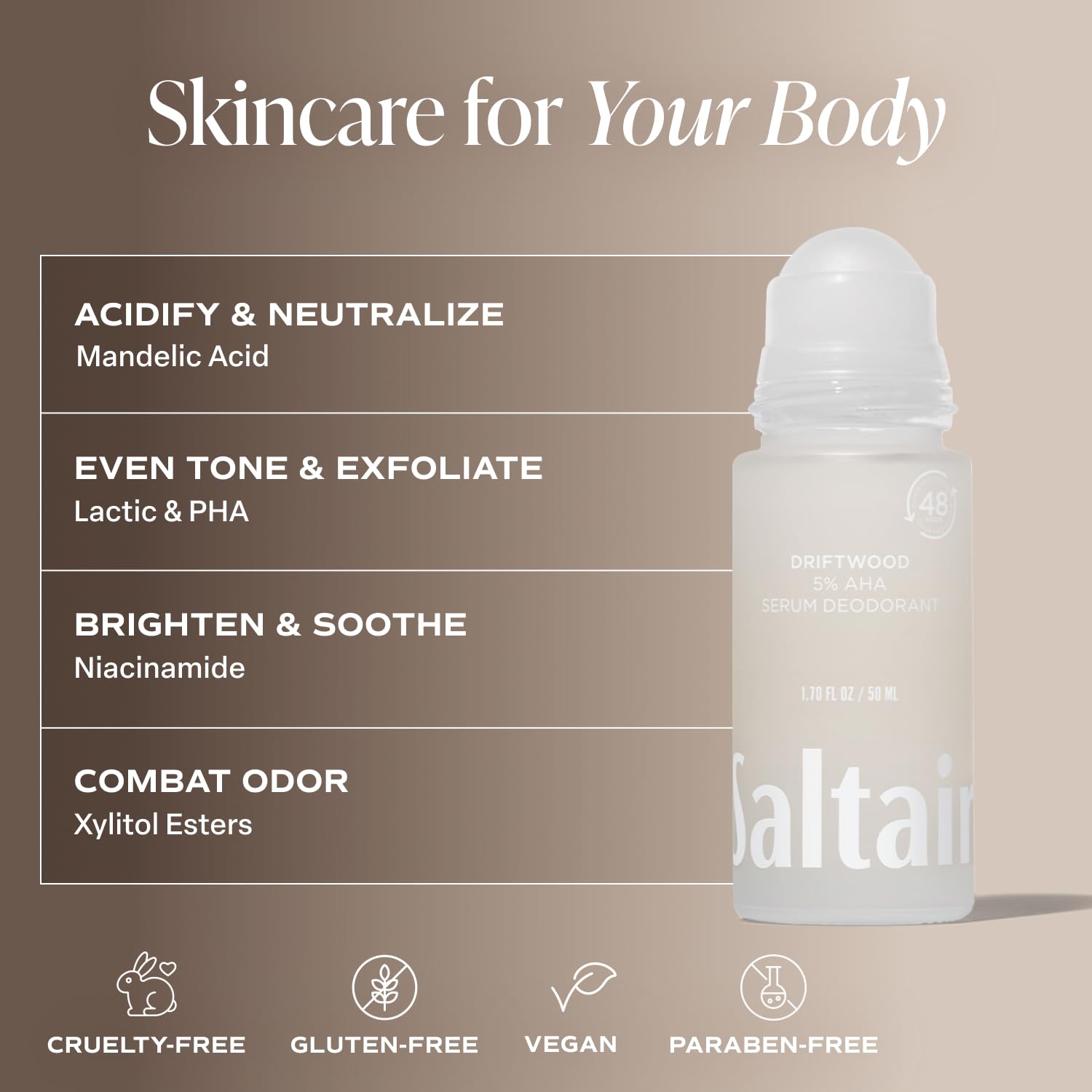 Saltair Serum Deodorant close-up on skin suggesting gentle exfoliation and smoother underarms.