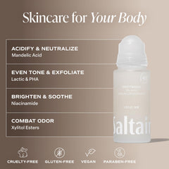 Saltair Serum Deodorant close-up on skin suggesting gentle exfoliation and smoother underarms.