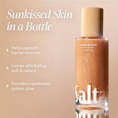 Saltair shimmer oil close-up showing pearlescent pigments for glow without heaviness.
