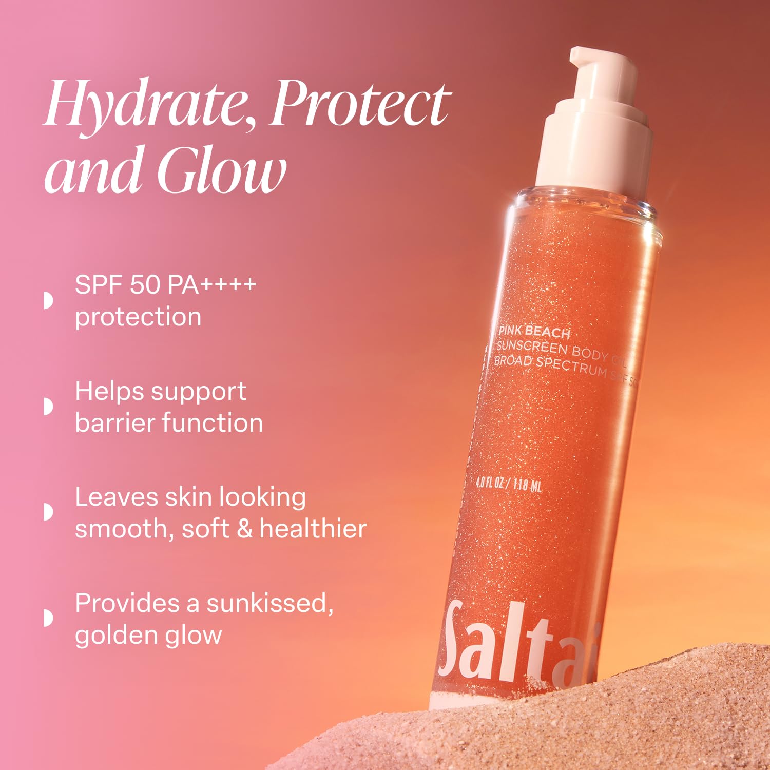 Close-up of pump bottle highlights fast-absorbing dry oil for all skin types.