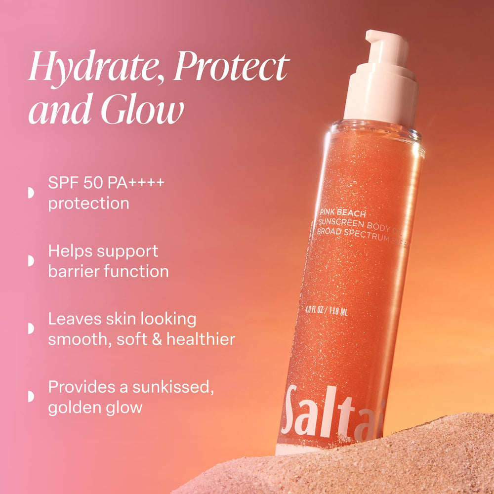 Close-up of pump bottle highlights fast-absorbing dry oil for all skin types.