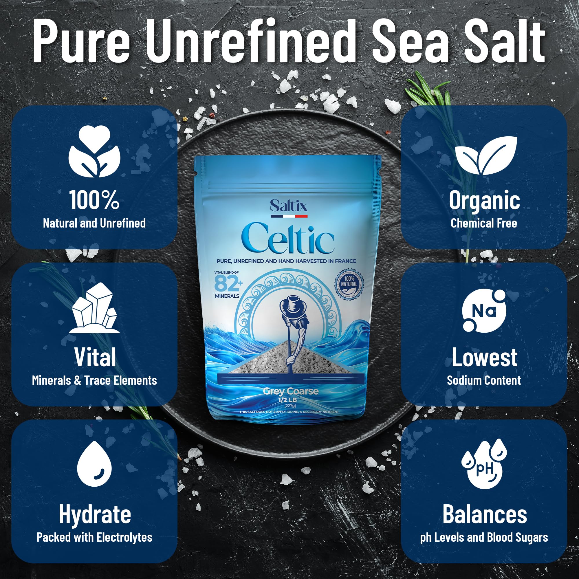 Saltix Grey coarse sea salt crystal close-up highlights mineral-rich texture for seasoning.