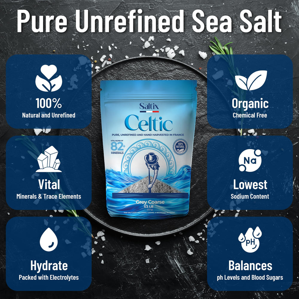 Saltix Grey coarse sea salt crystal close-up highlights mineral-rich texture for seasoning.
