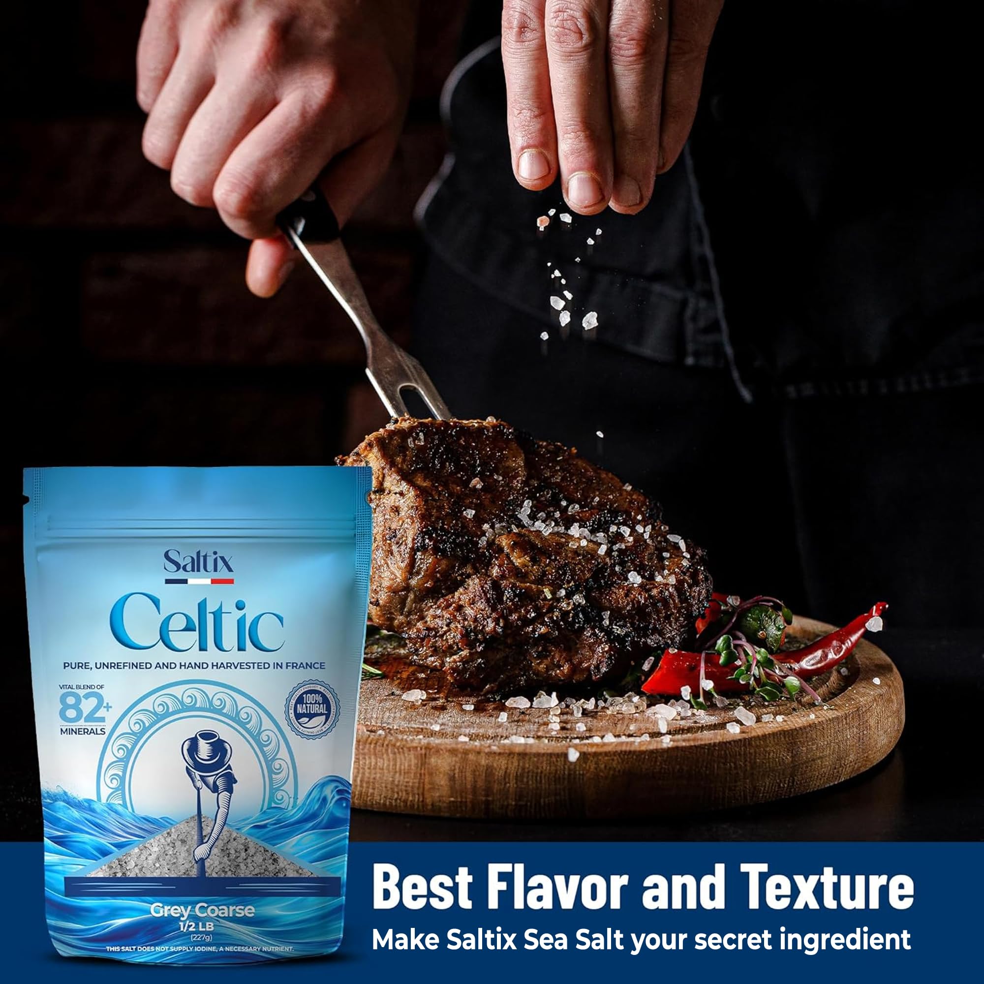 Saltix Grey coarse sea salt crystal detail emphasizes natural moisture and texture.
