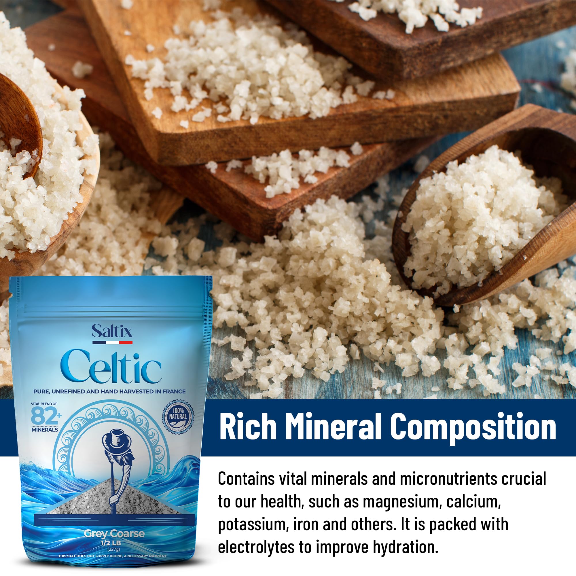 Saltix Grey coarse sea salt hand-harvest scene emphasizing traditional craftsmanship.