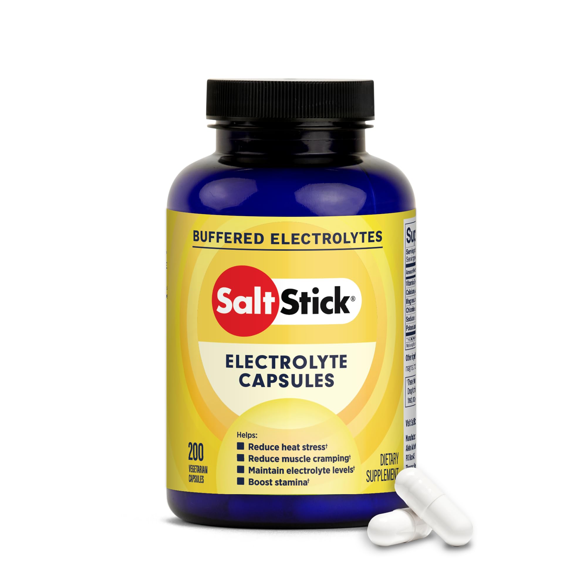 SaltStick electrolyte capsules bottle label highlights gluten-free and sugar-free hydration support.