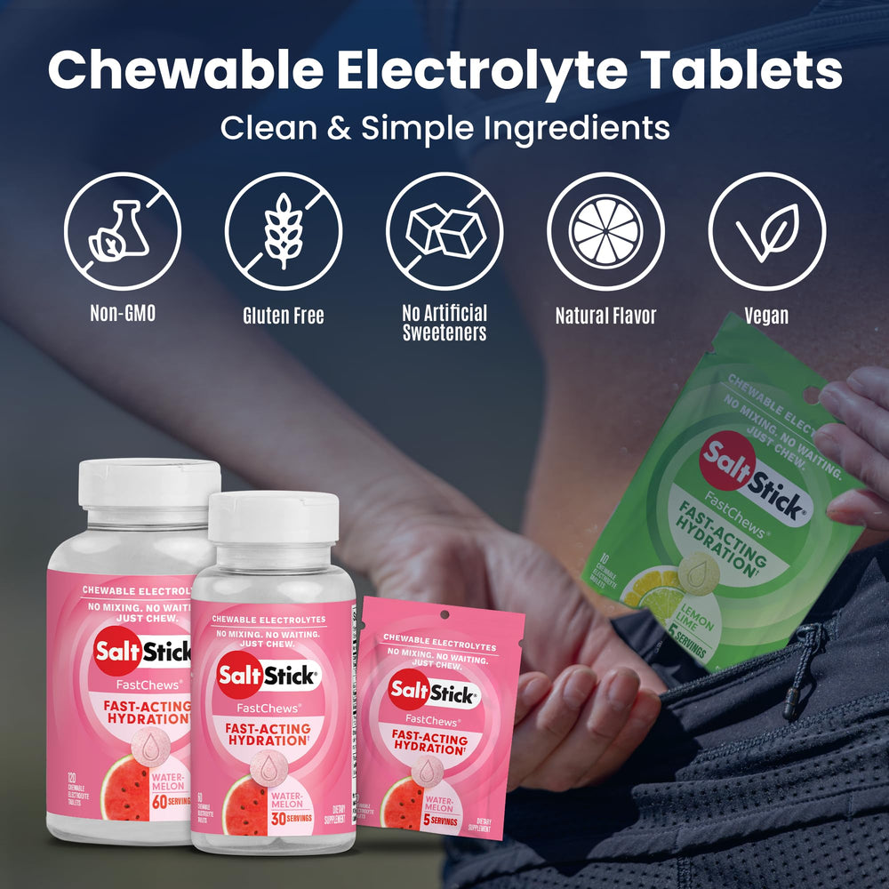 Foil strip of SaltStick Electrolyte FastChews for convenient dosing.