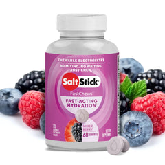 SaltStick Electrolyte FastChews bottle with mixed berry tablets for quick hydration.