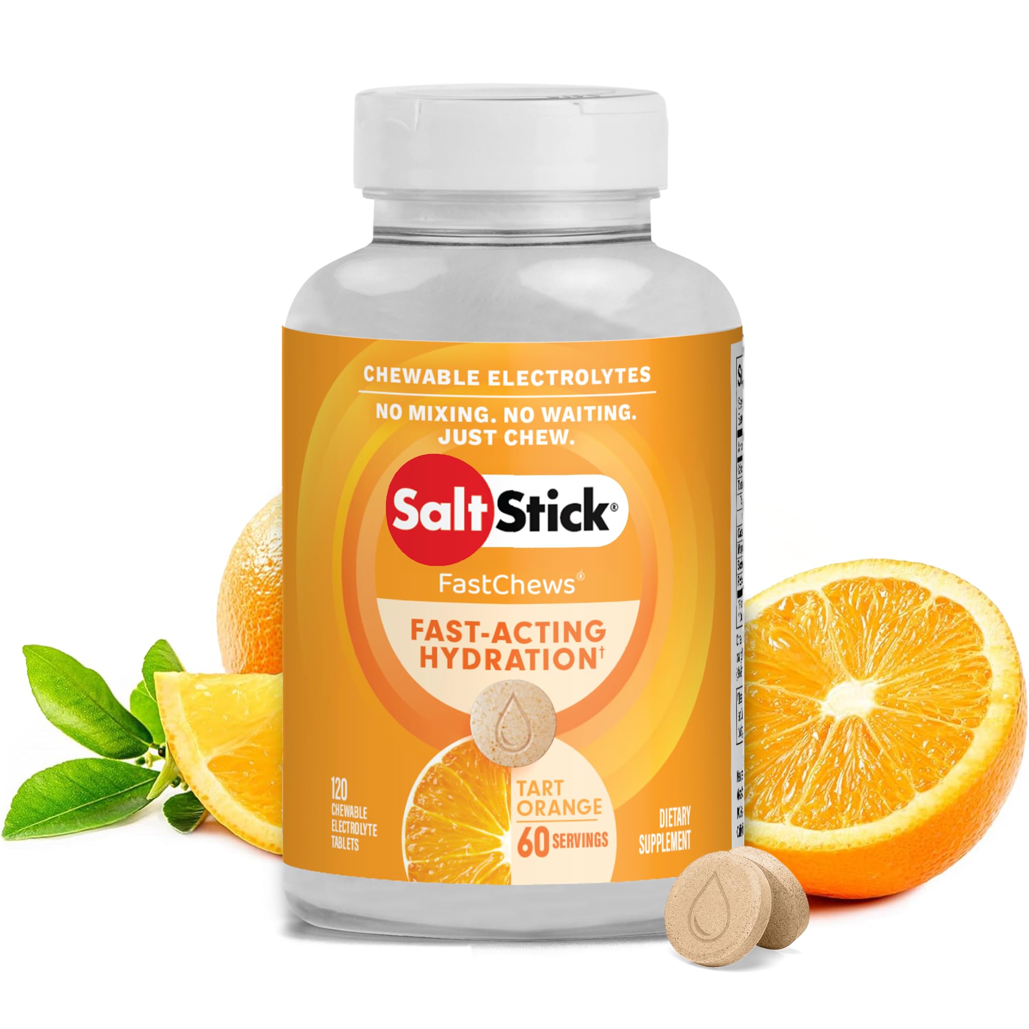 SaltStick Electrolyte FastChews orange tablets packaged for active hydration during runs.
