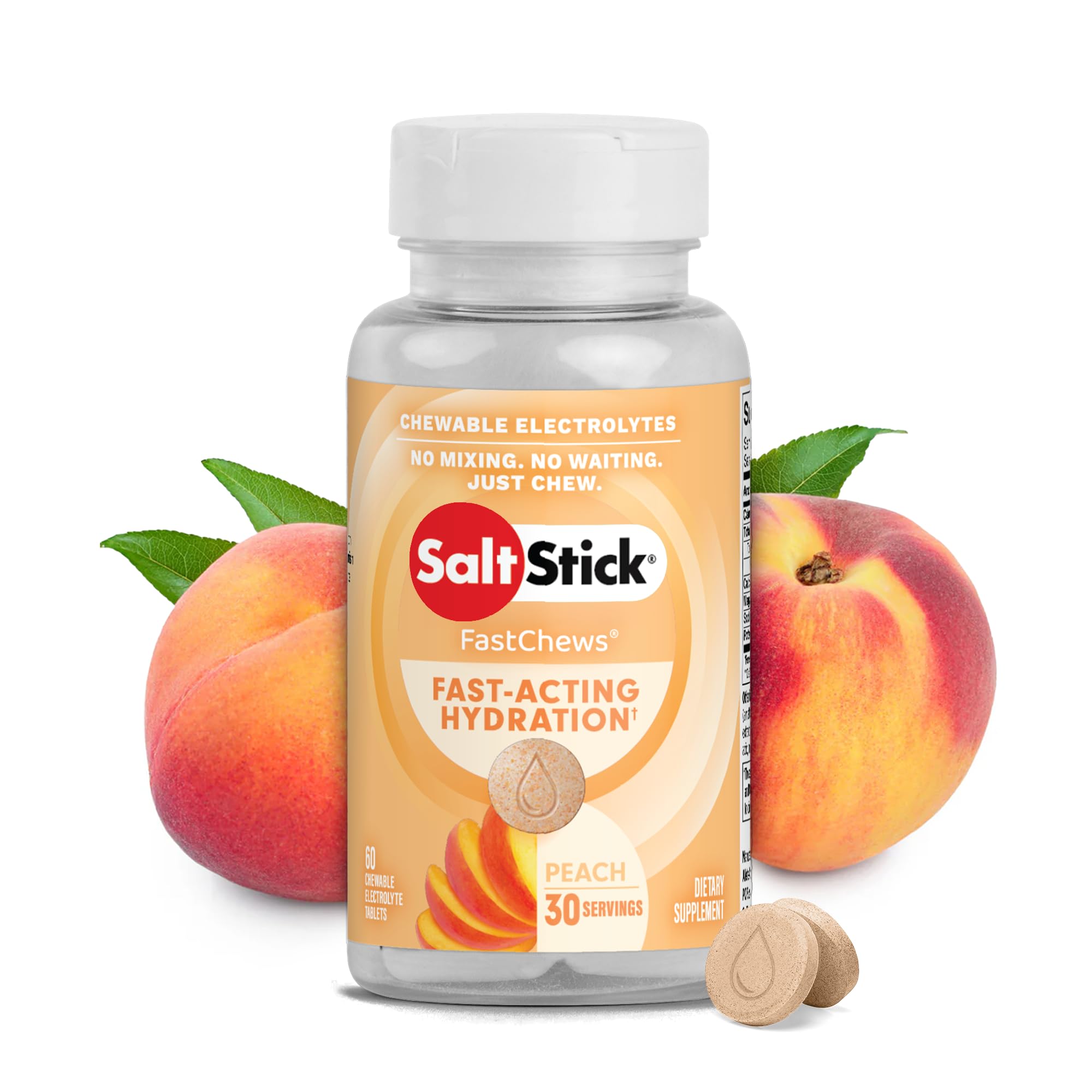 SaltStick Electrolyte FastChews peach bottle ready for on-the-go hydration.