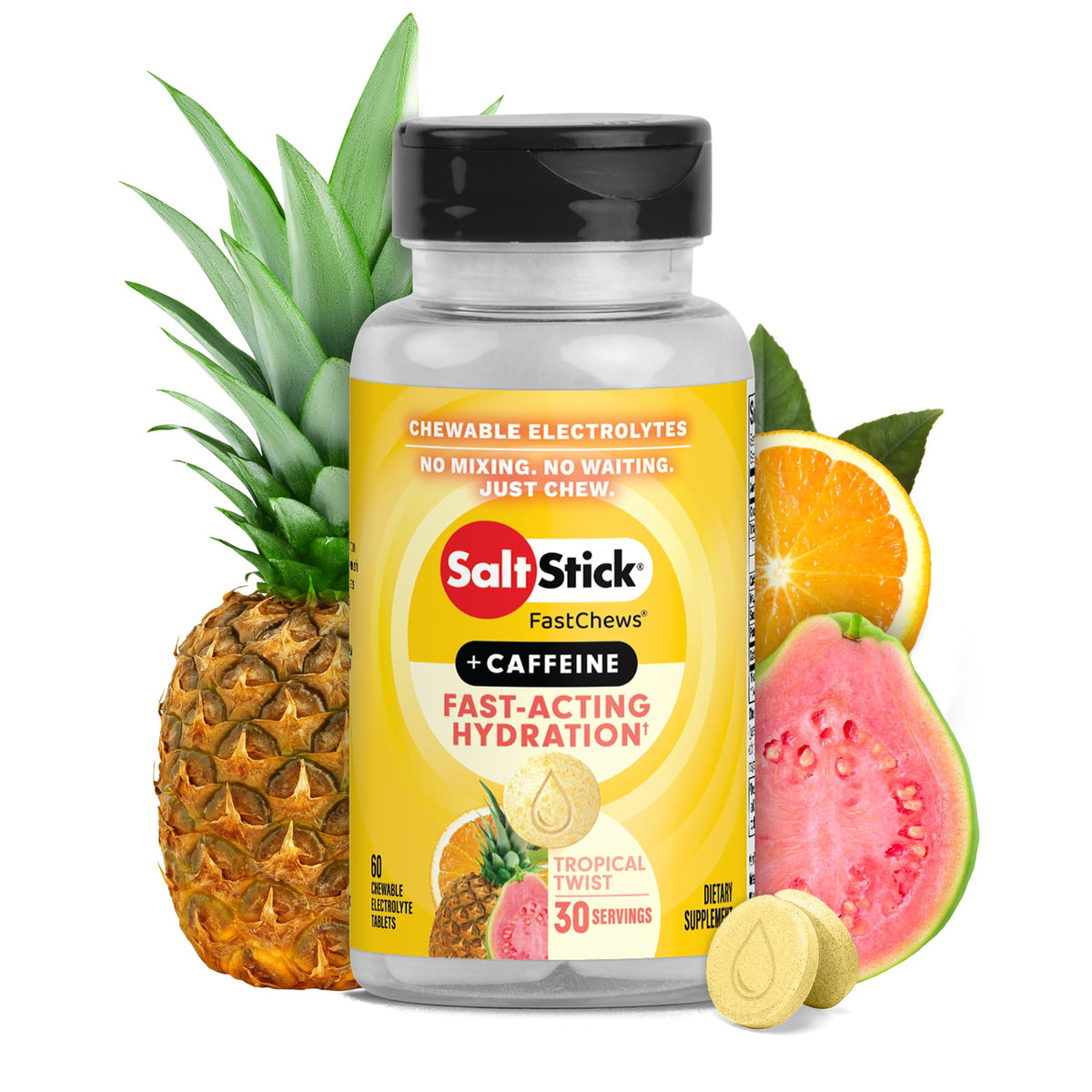 SaltStick FastChews tropical twist bottle for on-the-go hydration during runs