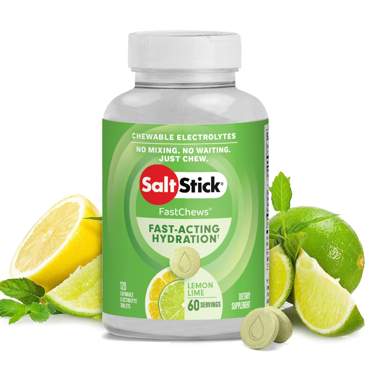 SaltStick FastChews lemon-lime tablet close-up for quick electrolyte support.