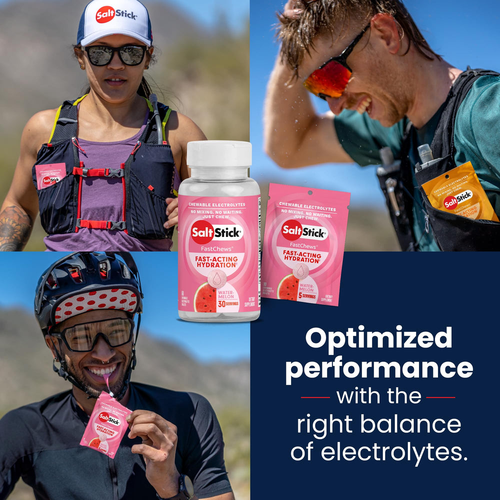 Running scene with SaltStick FastChews aiding on-the-go hydration.