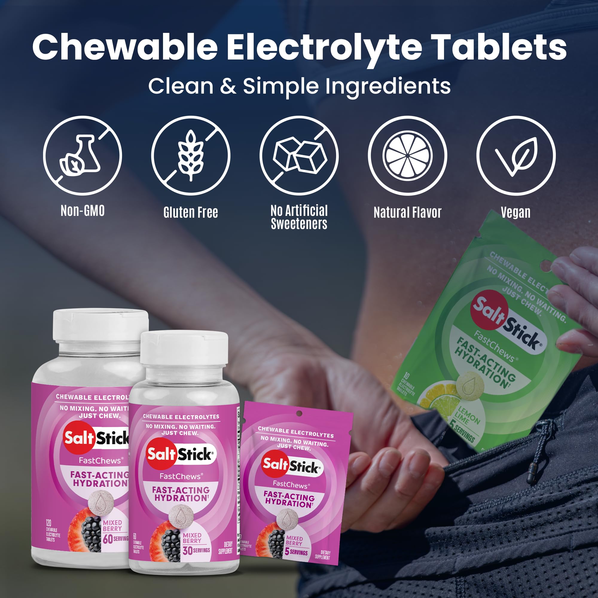 SaltStick mixed berry chews during an outdoor run for on-the-go hydration.