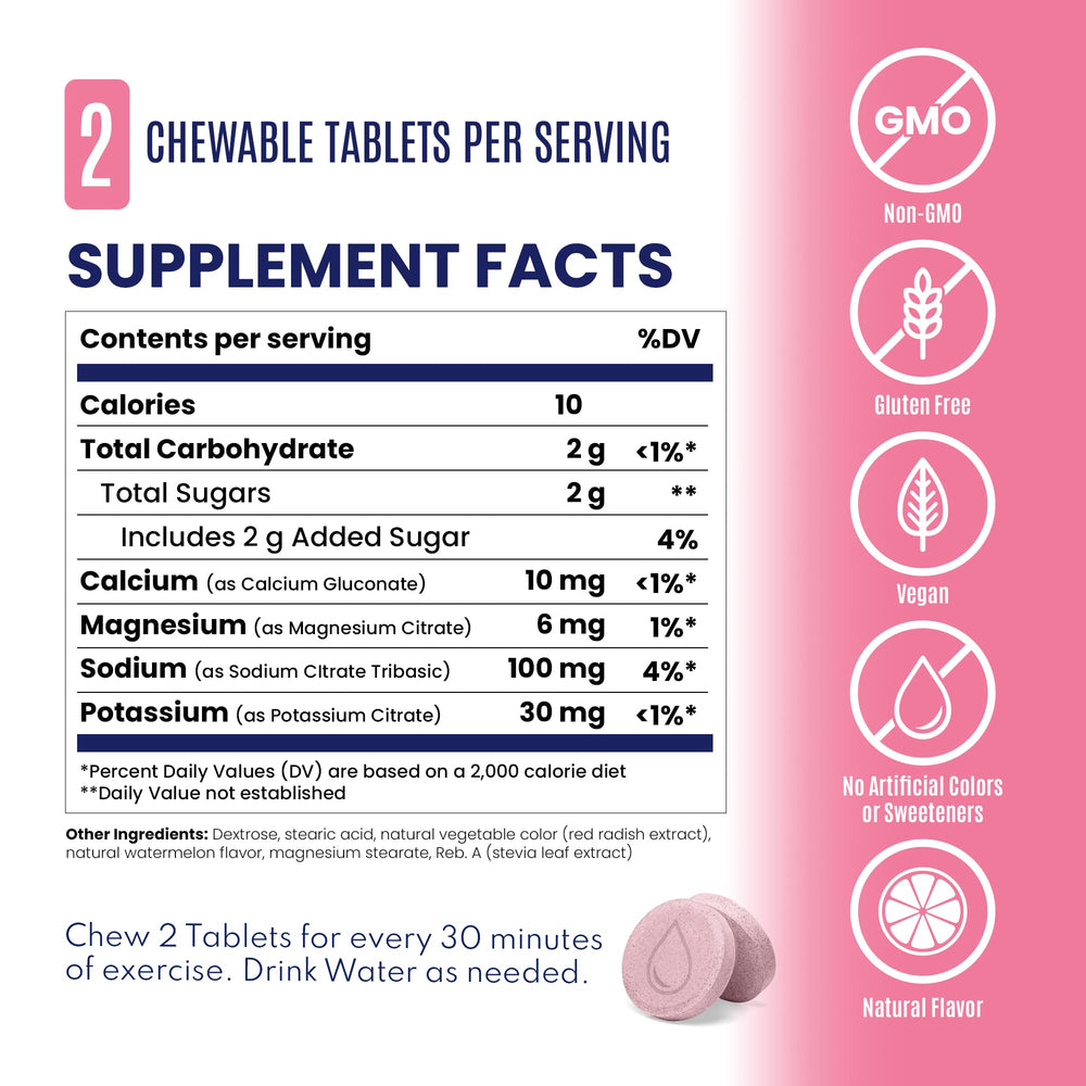 Watermelon SaltStick chews resting on a bottle label for hydration use.