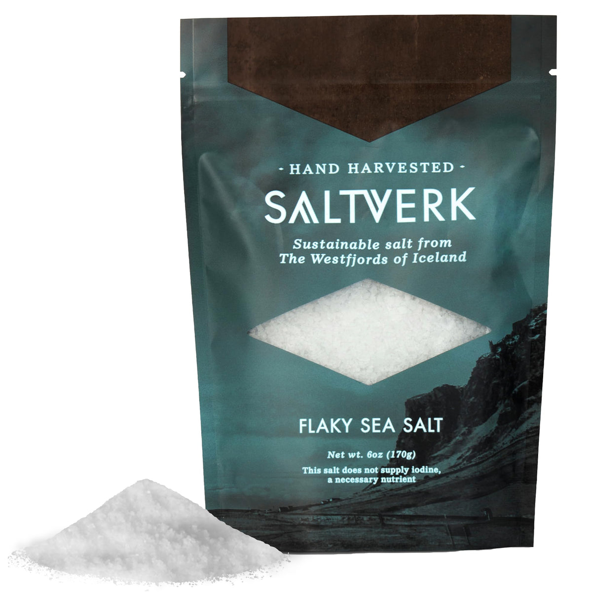 Saltverk sea salt flakes, Iceland hand-harvested, ideal for finishing and flavor enhancement.