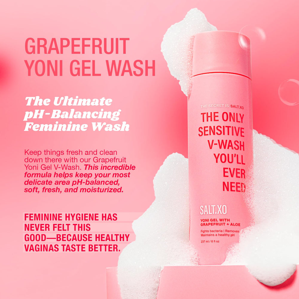 Salt.xo Grapefruit Sensitive Yoni Gel Wash pump for easy, mess-free dispensing.