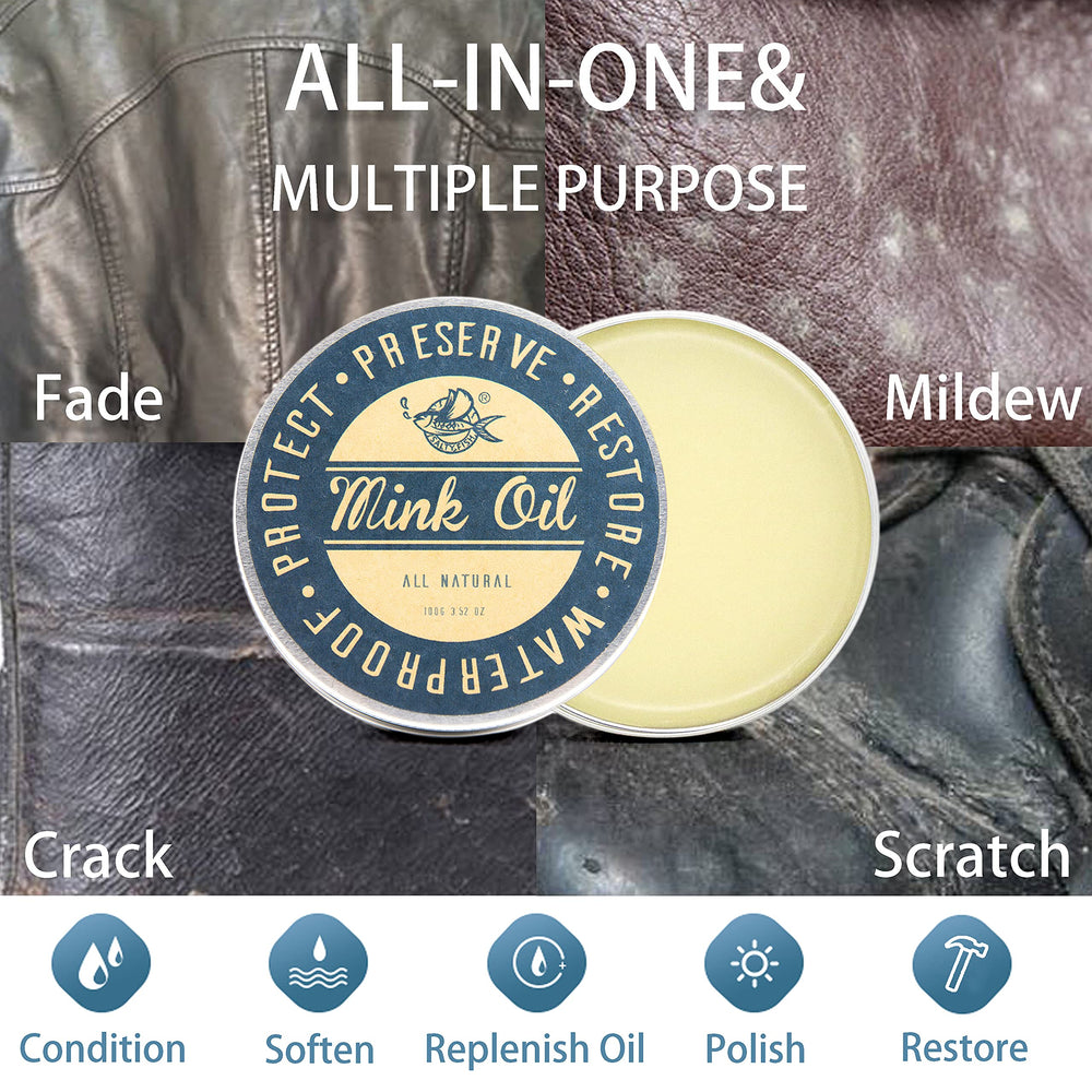 Hands spreading SALTY FISH mink oil paste on leather surface for even coverage.