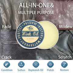 Hands spreading SALTY FISH mink oil paste on leather surface for even coverage.
