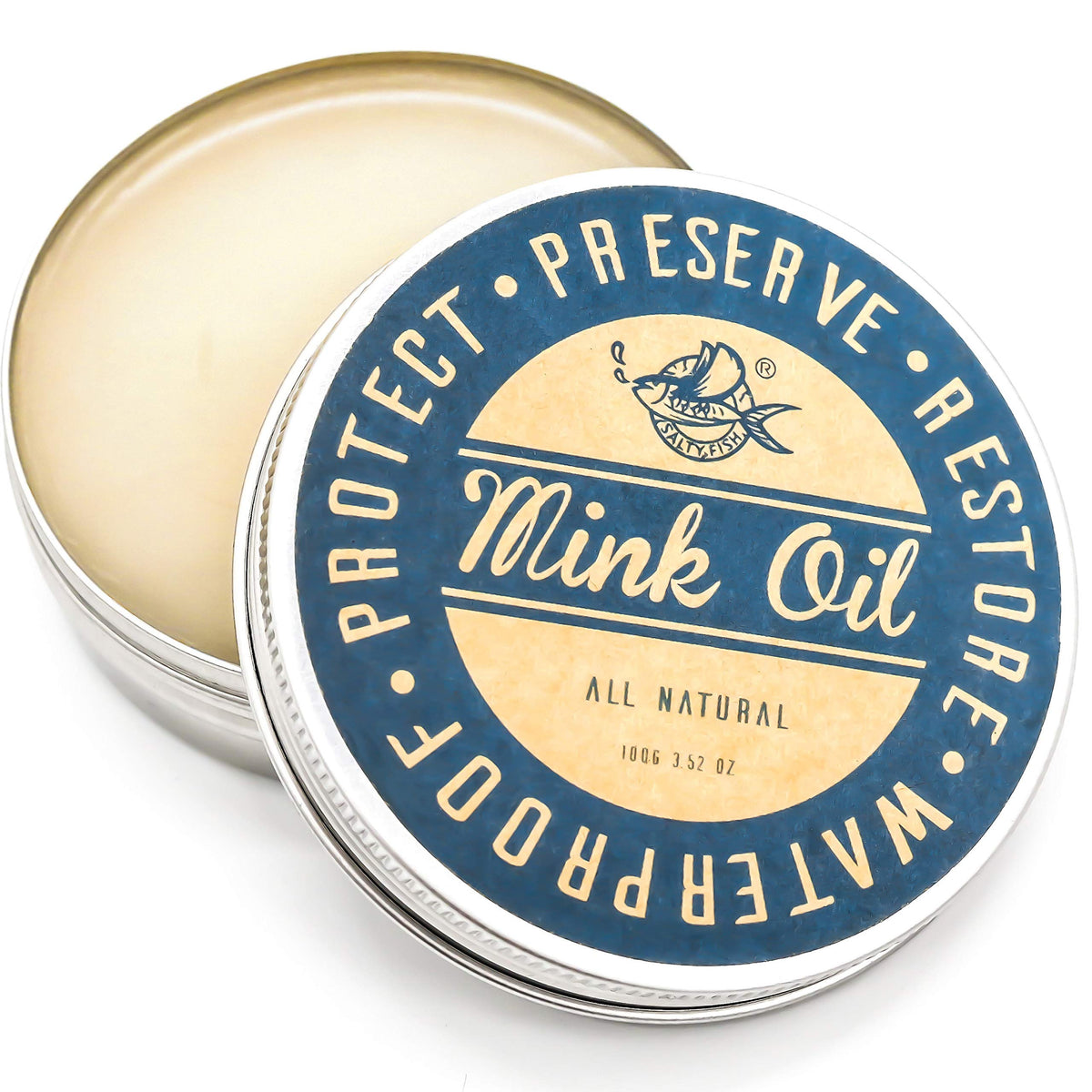 SALTY FISH mink oil paste ready for leather conditioning and care.