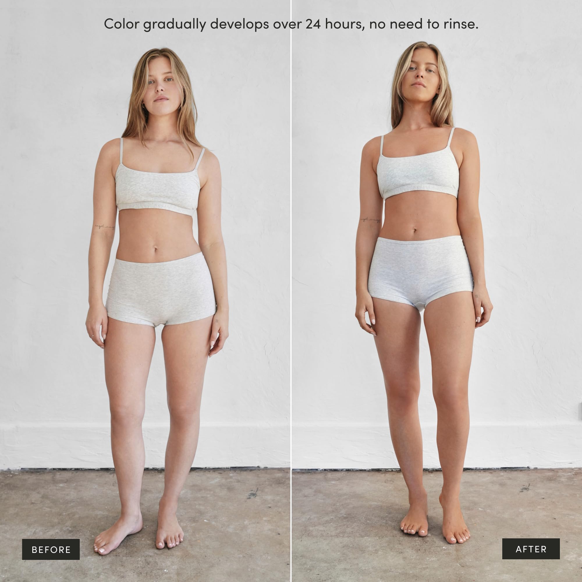 SALTYFACE tanning foam on arms; blend front to back for seamless tone.