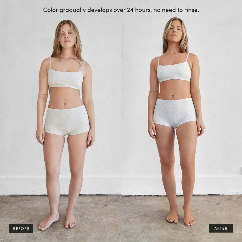 SALTYFACE tanning foam on arms; blend front to back for seamless tone.