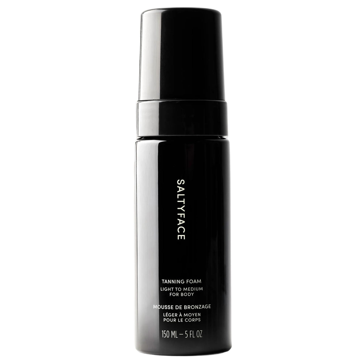 SALTYFACE tanning foam bottle front; vegan self-tanner for an even, natural-looking glow.
