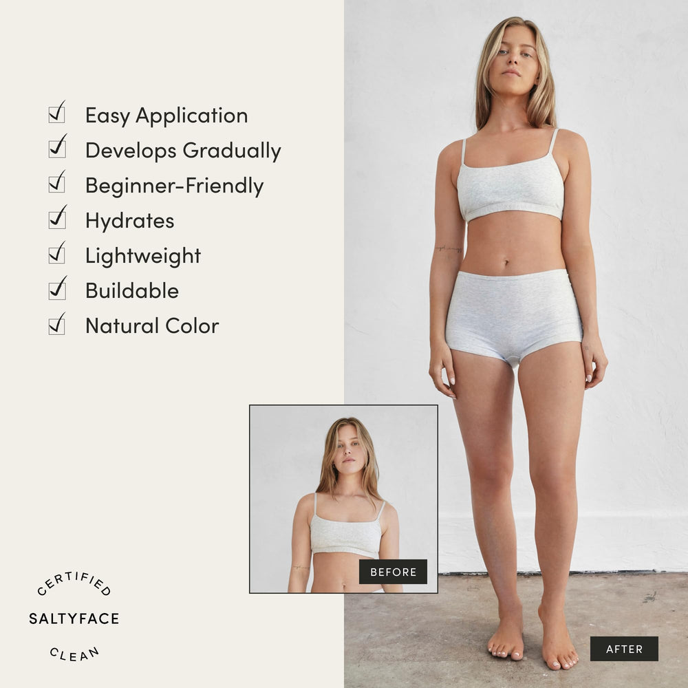 SALTYFACE tanning foam on skin; streak-free finish with DHA from organic sugar beets.