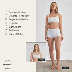 SALTYFACE tanning foam on skin; streak-free finish with DHA from organic sugar beets.
