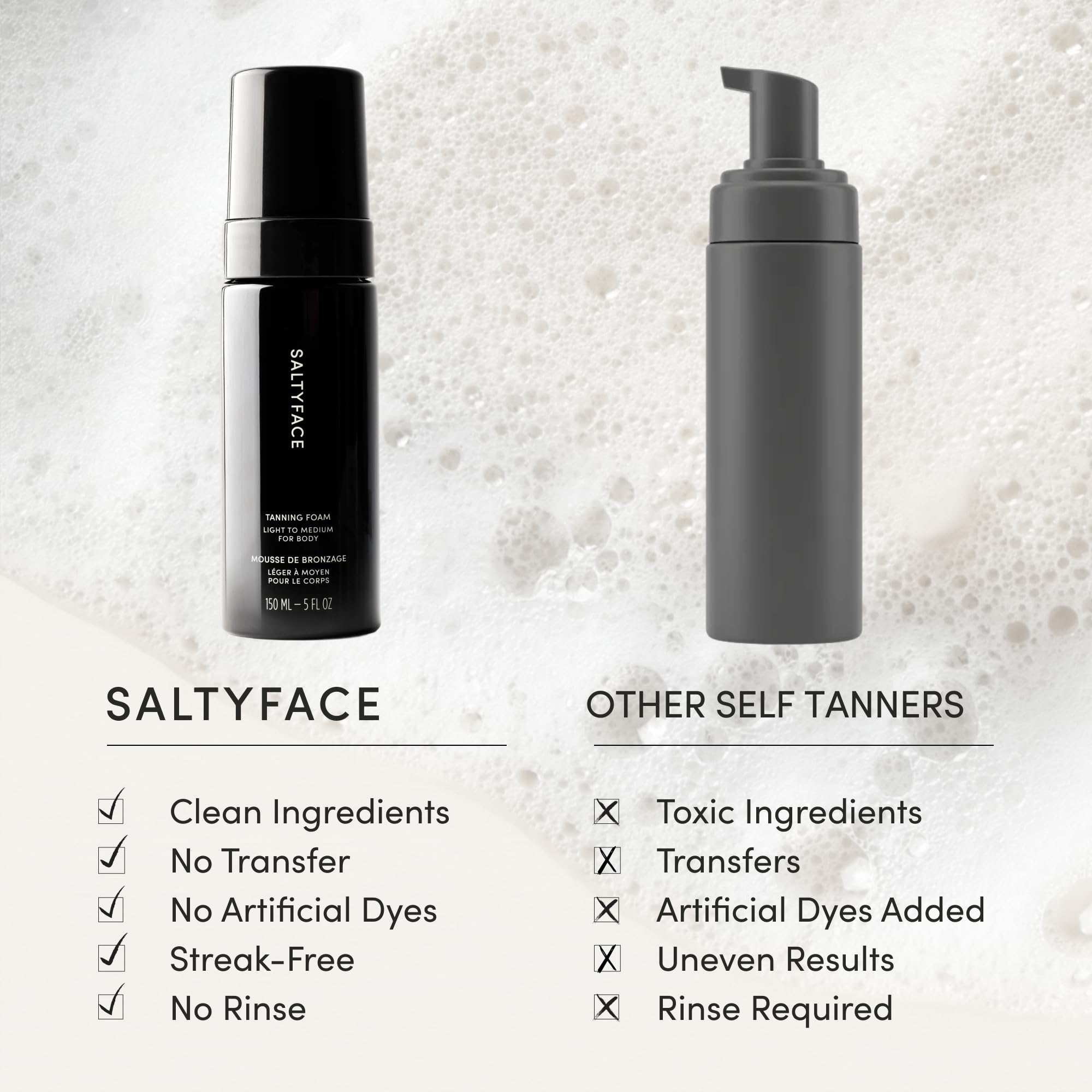 SALTYFACE tanning foam on legs during application; smooth, even coverage.