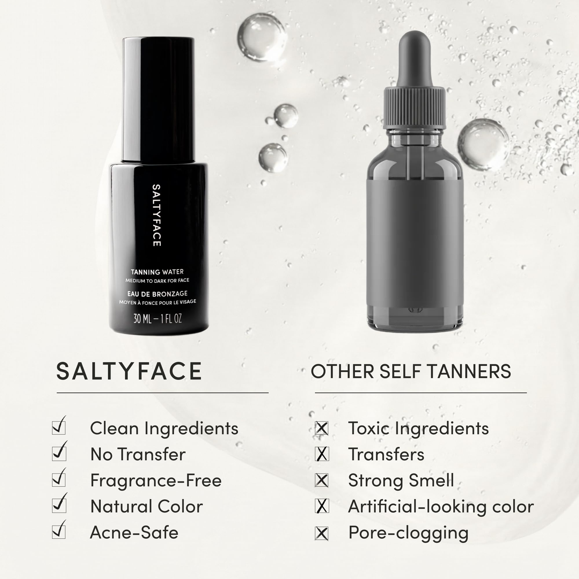 SALTYFACE tanning water uses DHA from organic beets for natural-looking tan.
