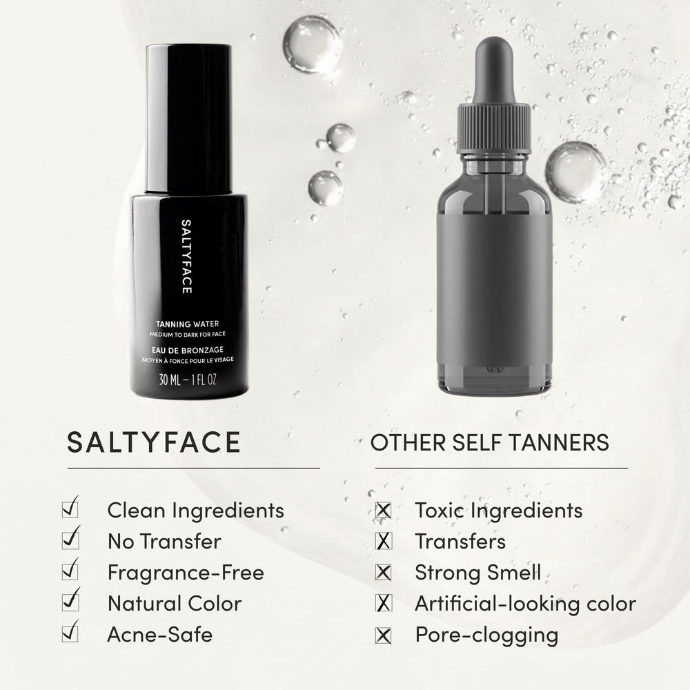 SALTYFACE tanning water uses DHA from organic beets for natural-looking tan.