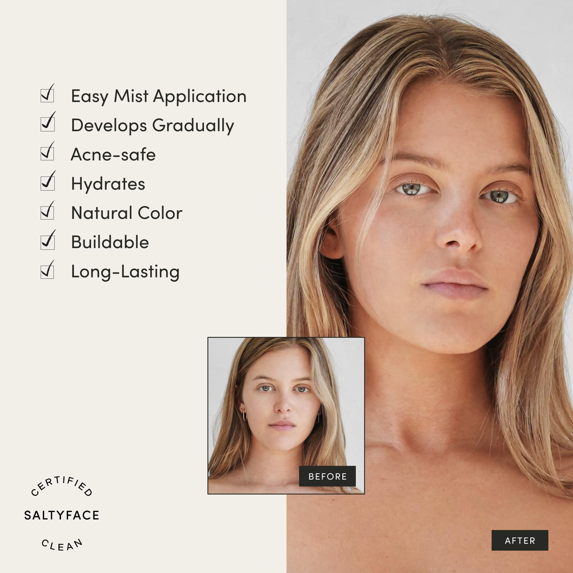 SALTYFACE Tanning Water applied to face, neck, and chest for a unified glow.