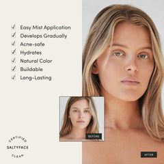 SALTYFACE Tanning Water applied to face, neck, and chest for a unified glow.