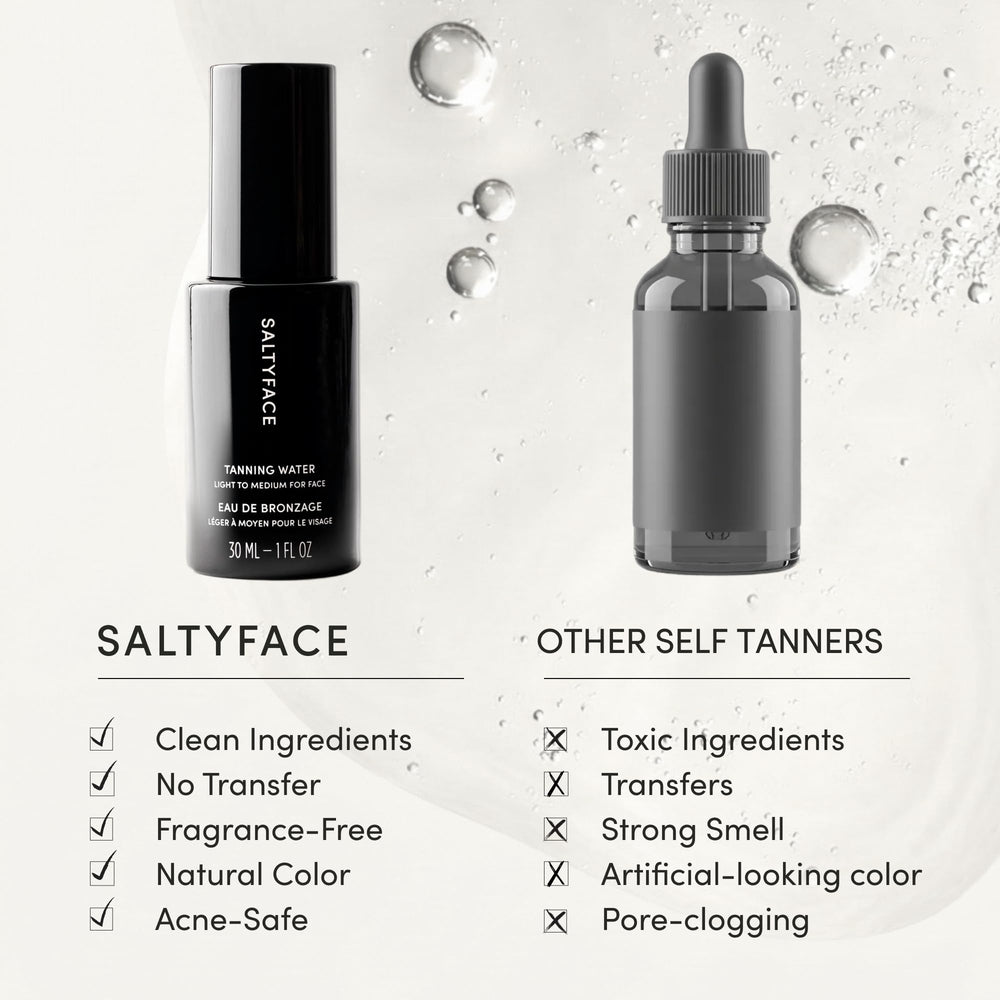 Blending around hairline and ears with SALTYFACE Tanning Water for a seamless finish.